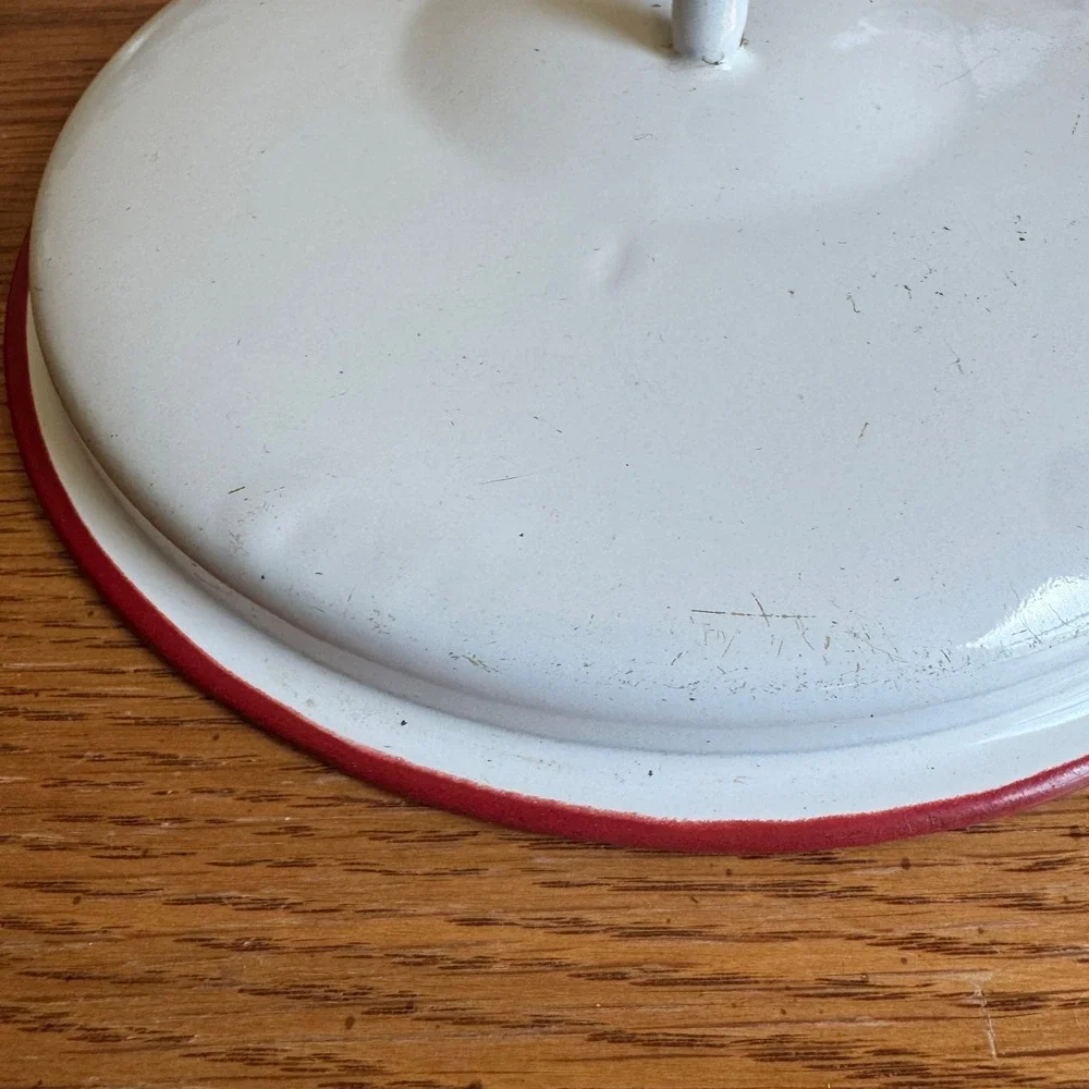 Vintage‎ White Enamelware Pot Lid with Red Trim and Handle REPLACEMENT Decor